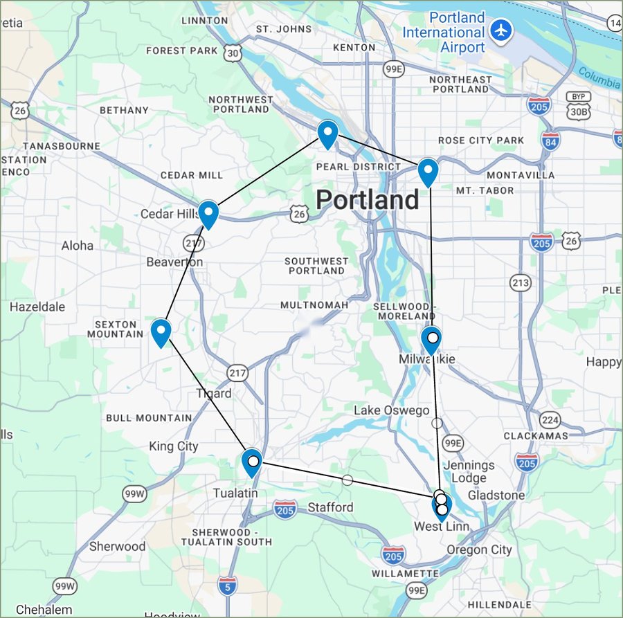Map of Cascadia Home Wellness's service area, covering SW and Inner SE Portland, NW Hills, Tigard, Beaverton, Lake Oswego, Milwaukie, Tualatin, and West Linn